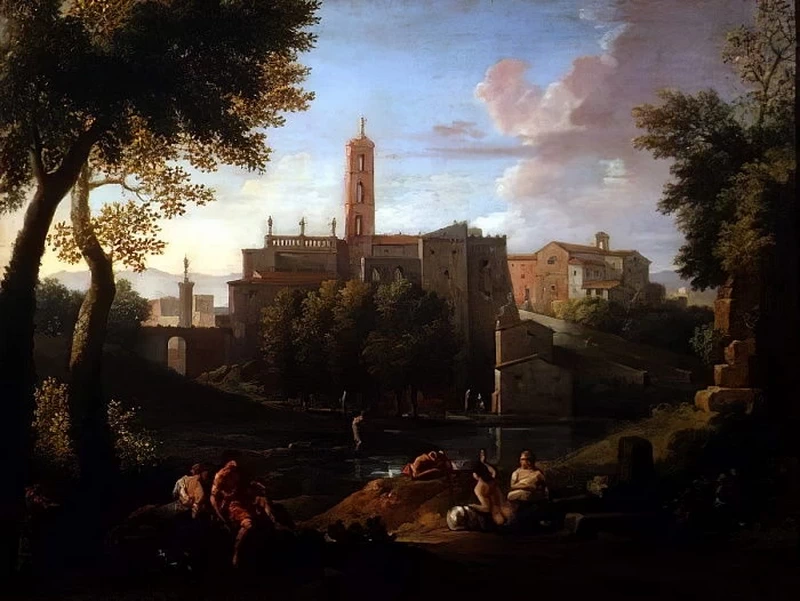 Paesaggio con figure vicino a una città
